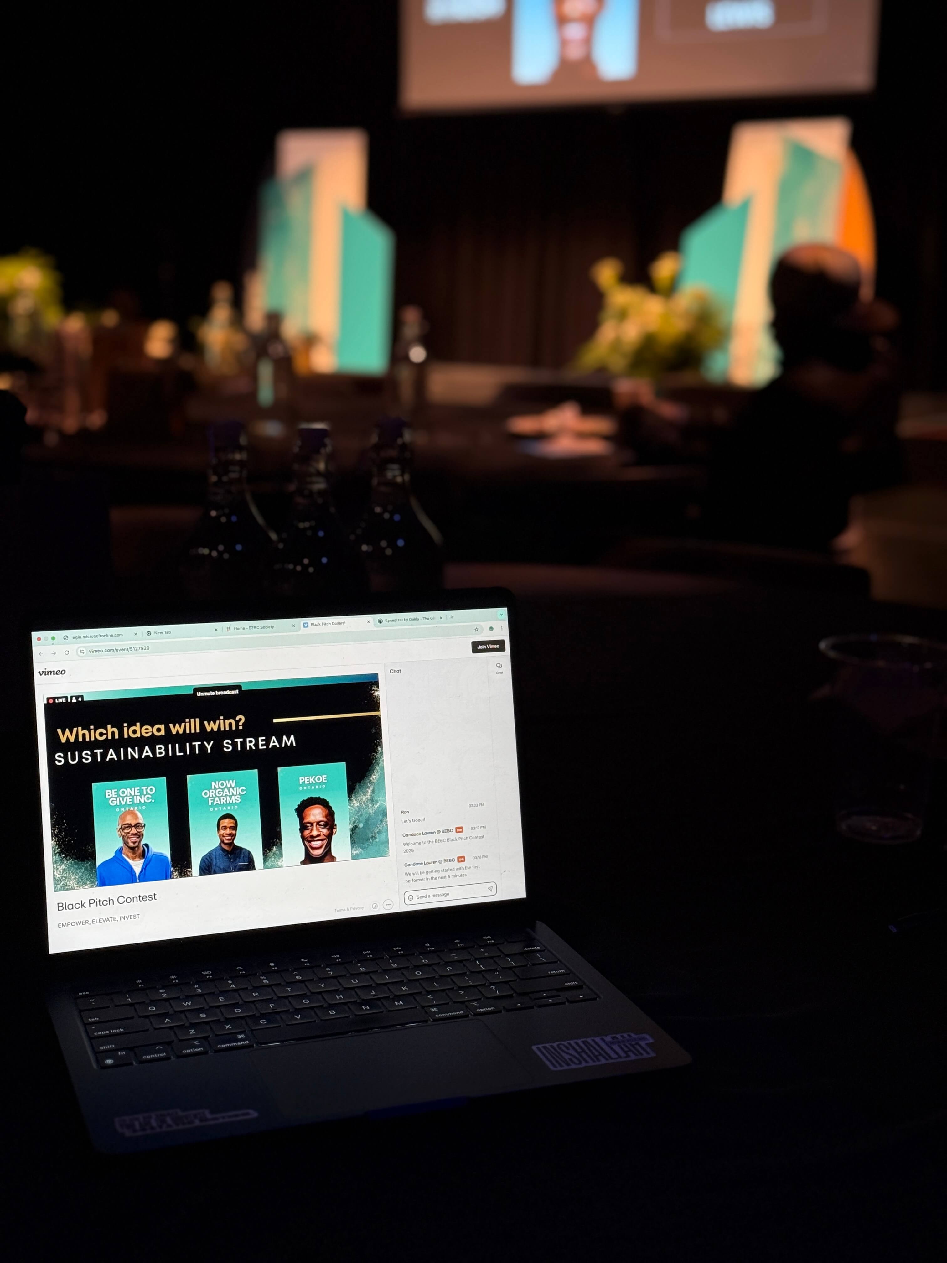 Behind the scenes at a live event with StreamCity.ca’s multi-platform streaming setup. Laptop shows livestream on Vimeo