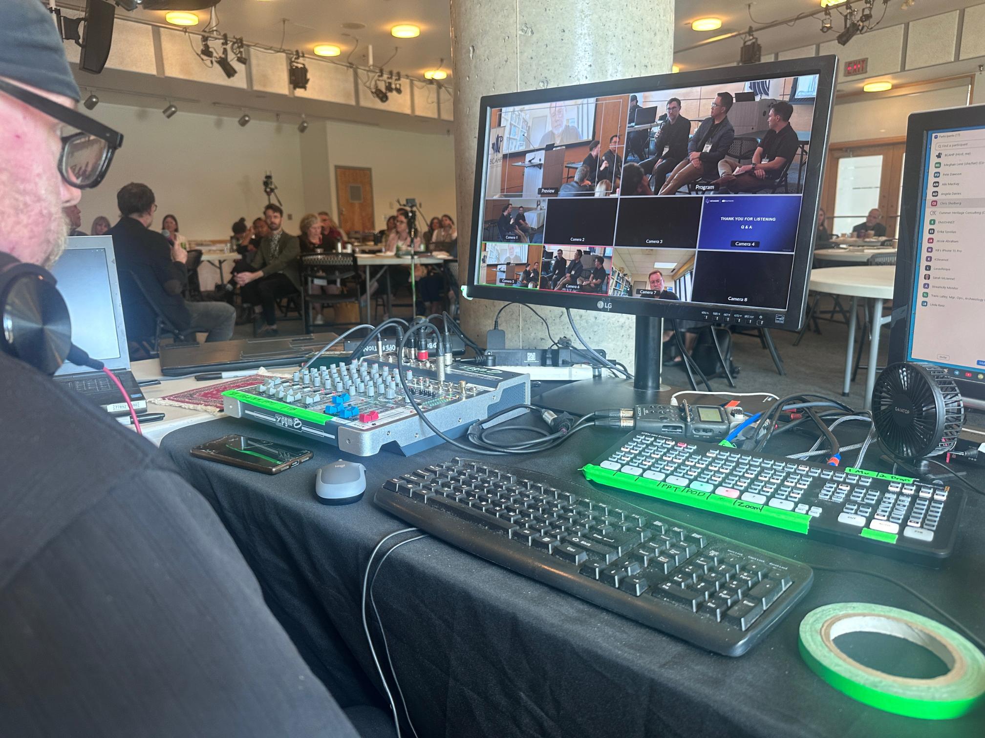 Behind-the-scenes view of audiovisual team preparing lighting, cameras, and microphones for a corporate event in Vancouver, highlighting production setup